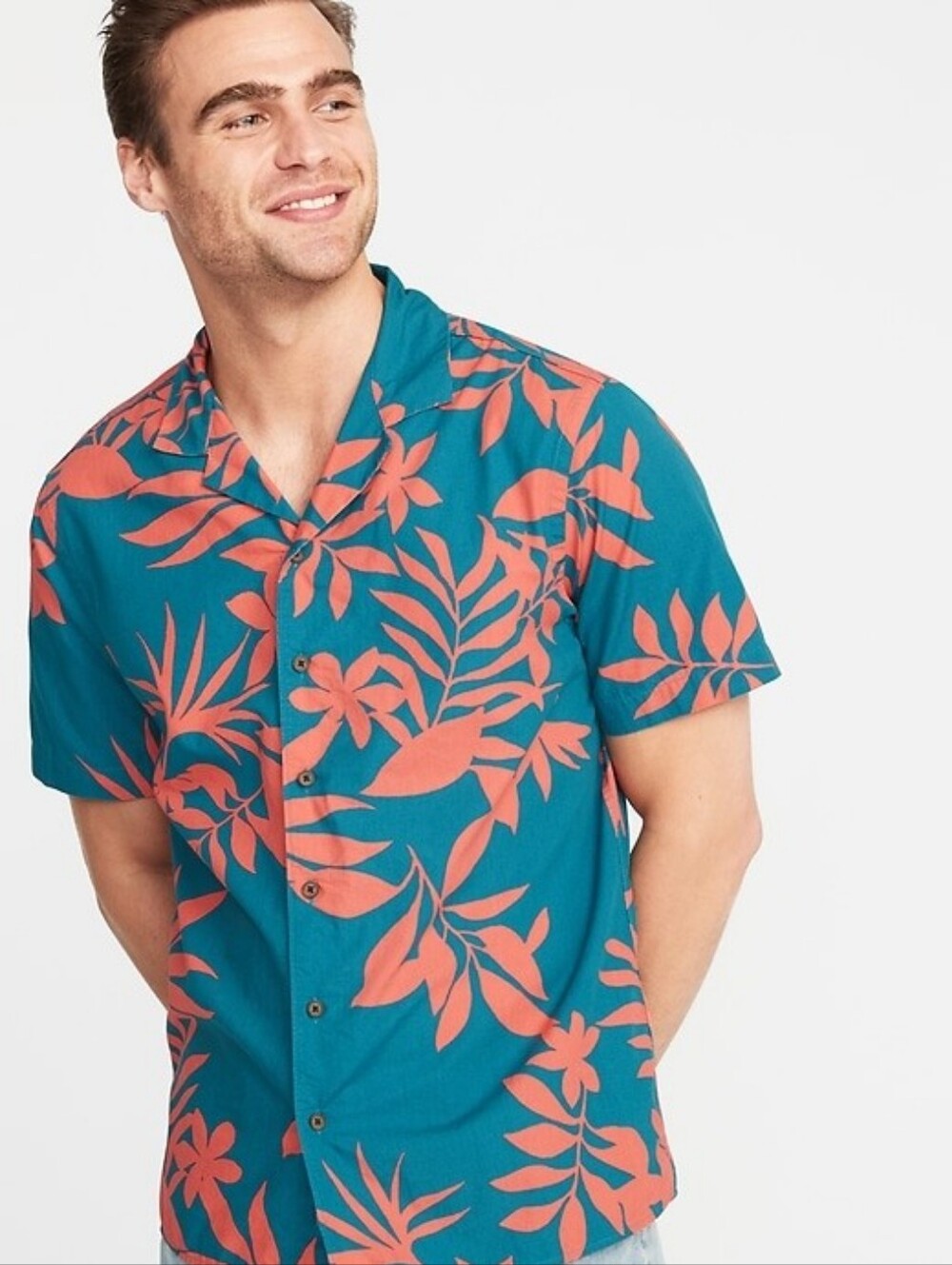 Old Navy Resort Getaway  Tropical Leaf Teal & Coral Cotton Button-Down Shirt L